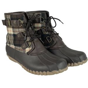 Baretraps Fahn Brown Plaid Winter Boots Womens Size 8M Round Toe Pull On Lace Up